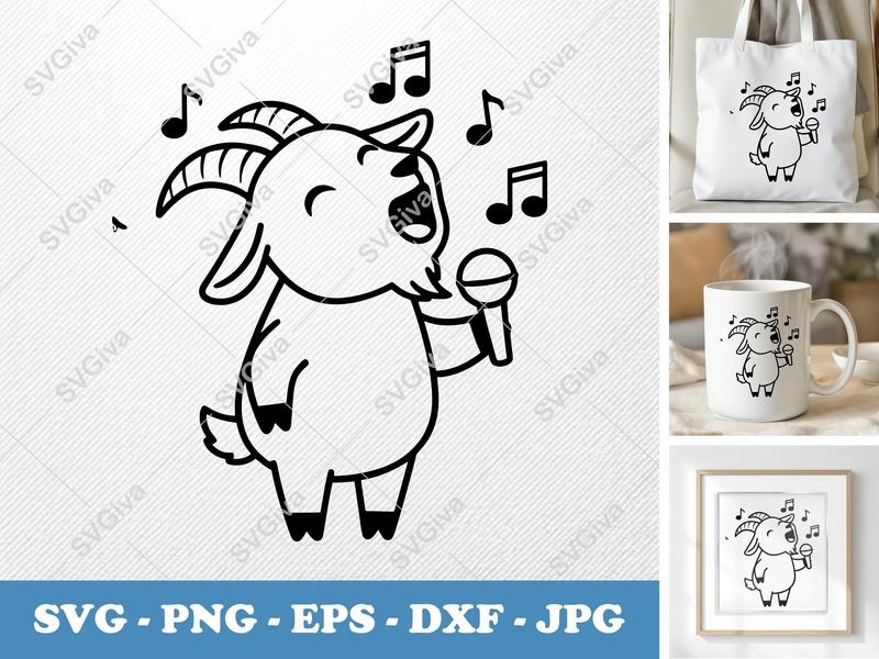 Goat Singing SVG | Cartoon Karaoke Animal PNG EPS DXF | Cricut Silhouette File | Music Notes Cut File Funny Farm