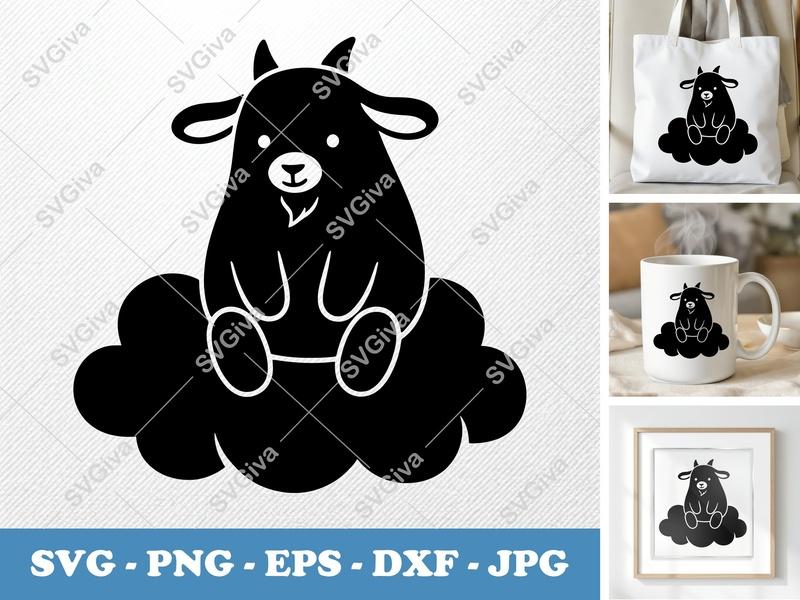Goat Sitting on Cloud SVG | Puffy Soft Forms | PNG DXF EPS | Cricut Silhouette Cut File