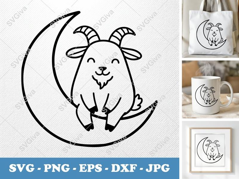 Goat Sitting on Moon SVG | Friendly Bean-Shaped Line Art | PNG DXF EPS | Cricut Silhouette File