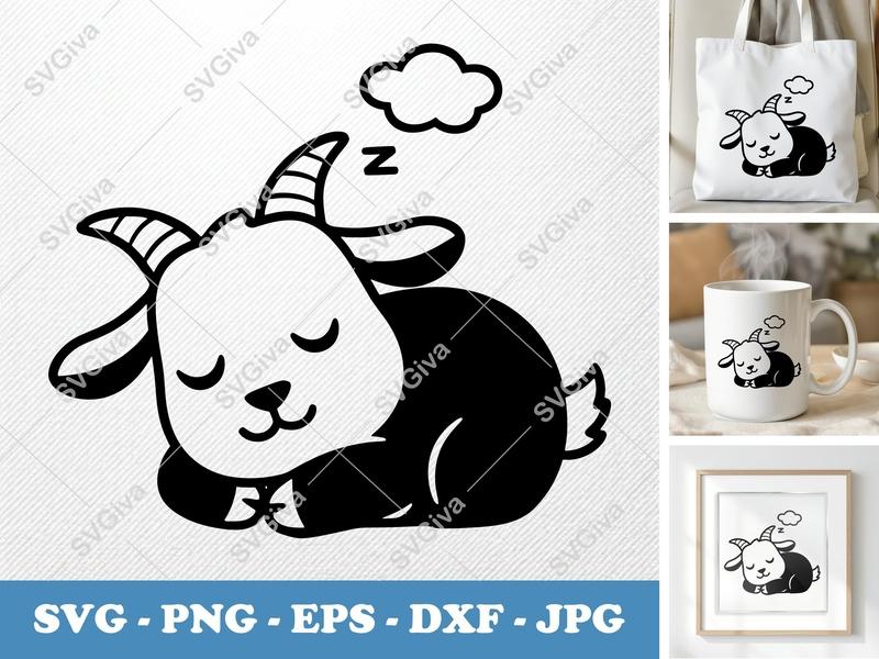 Goat Sleeping SVG | Cute Cartoon Baby Goat | Farm Animal PNG EPS DXF | Cricut Silhouette Cut File