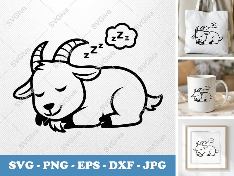 Goat Sleeping SVG | Cute Farm Animal PNG EPS DXF | ZZZ Sleepy Goat Cut File for Cricut Silhouette Projects