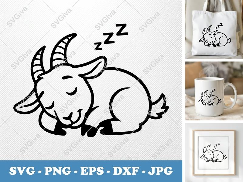 Goat Sleeping SVG, Simple Contour Design | Bold Black Outline, Clean Fill | PNG DXF EPS | Cricut Cut File