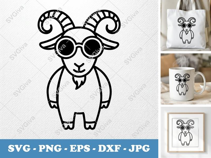 Goat SVG | Cool Goat with Glasses | Farm Animal Line Art | PNG EPS DXF | Cricut Silhouette File