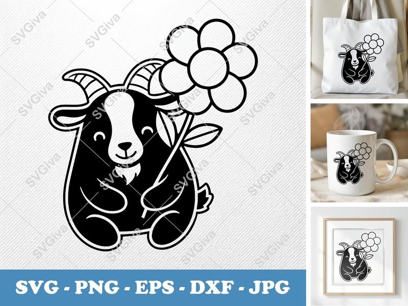 Goat SVG | Cute Animal with Flower | Farm Life Clipart | Digital Download for Cricut & Silhouette | PNG EPS DXF