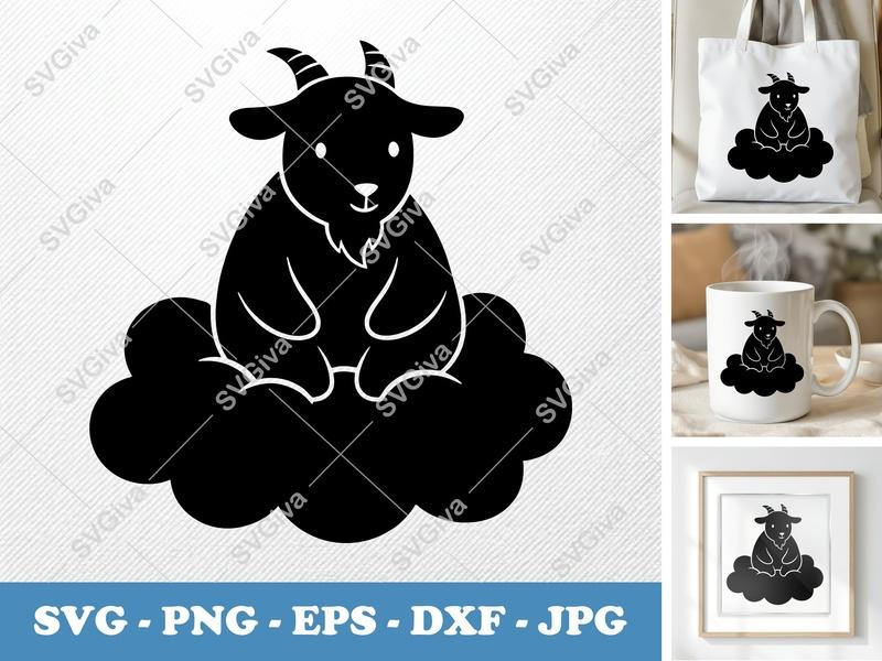 Goat SVG | Cute Baby Goat on Cloud Cut File | Farm Animal Clipart PNG EPS DXF | Cricut Silhouette Ready