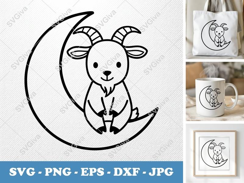 Goat SVG | Cute Baby Goat on Moon Cut File | Farm Animal Clipart | Cricut, Silhouette | PNG, EPS, DXF