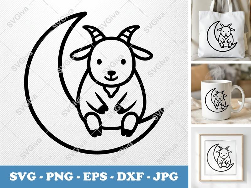 Goat SVG | Cute Baby Goat on Moon Cut File | Farm Animal Clipart, Outline Vector | PNG, EPS, DXF for Cricut & Silhouette
