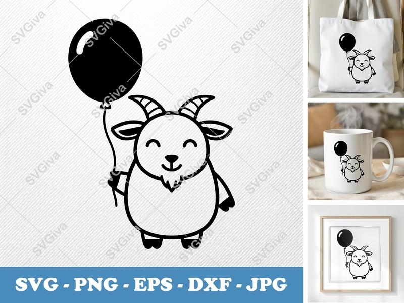 Goat SVG | Cute Cartoon Goat with Balloon | Farm Animal Clip Art | SVG, PNG, EPS, DXF for Cricut, Silhouette