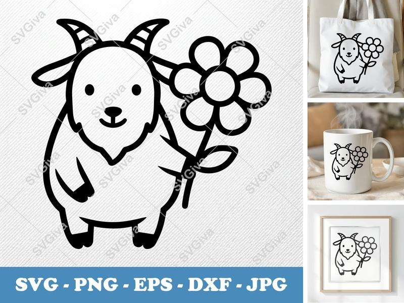 Goat SVG | Cute Goat with Flower Cut File | Baby Farm Animal PNG EPS DXF | Cricut Silhouette Design | Modern Line Art