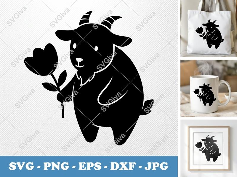Goat SVG | Cute Goat with Flower Cut File | Farm Animal Clipart | PNG EPS DXF for Cricut, Silhouette
