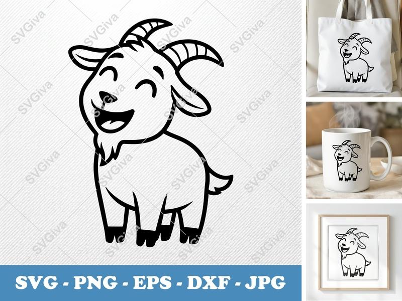 Goat SVG, Cute Happy Cartoon Goat | PNG EPS DXF | Cricut Silhouette Cut File, Farm Animal Clipart, Funny Kid
