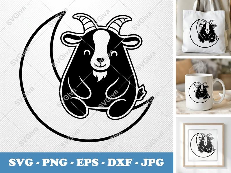 Goat SVG | Cute Moon Animal Cut File | Farm Life PNG EPS DXF | Cricut Silhouette Design | Baby Nursery Art