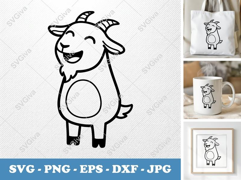 Goat SVG | Happy Cartoon Goat Cut File | Farm Animal PNG, EPS, DXF | Cricut & Silhouette Design