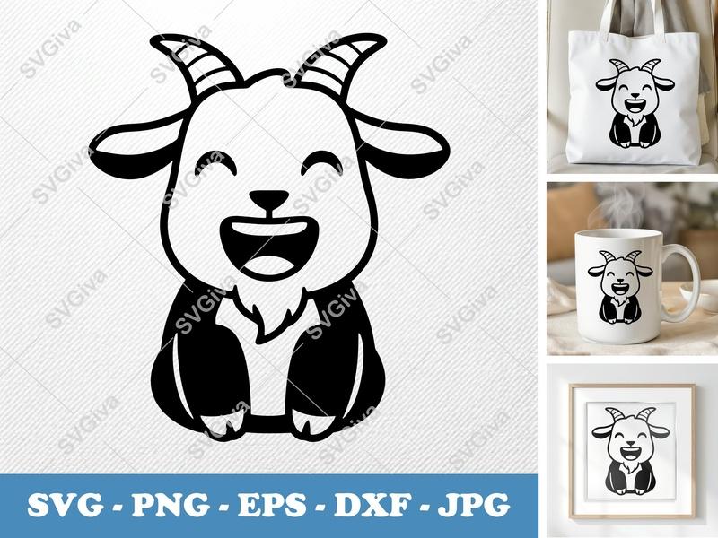 Goat SVG, Happy Laughing Cute Cartoon Goat, Cricut Silhouette Cut File, PNG EPS DXF Vector Clipart, Modern Farm Animal Design
