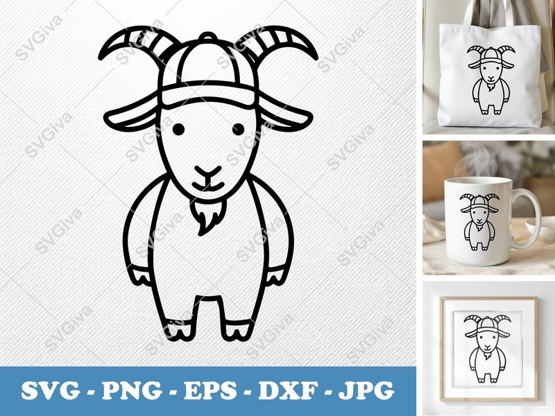 Goat SVG | Modern Cap Goat Cut File | Farm Animal Design | PNG EPS DXF | Cricut Silhouette | Cute Character