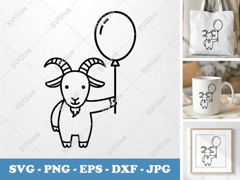 Goat SVG, Modern Farm Animal with Balloon, Outline Cut File | PNG EPS DXF for Cricut, Silhouette, Vector Clipart