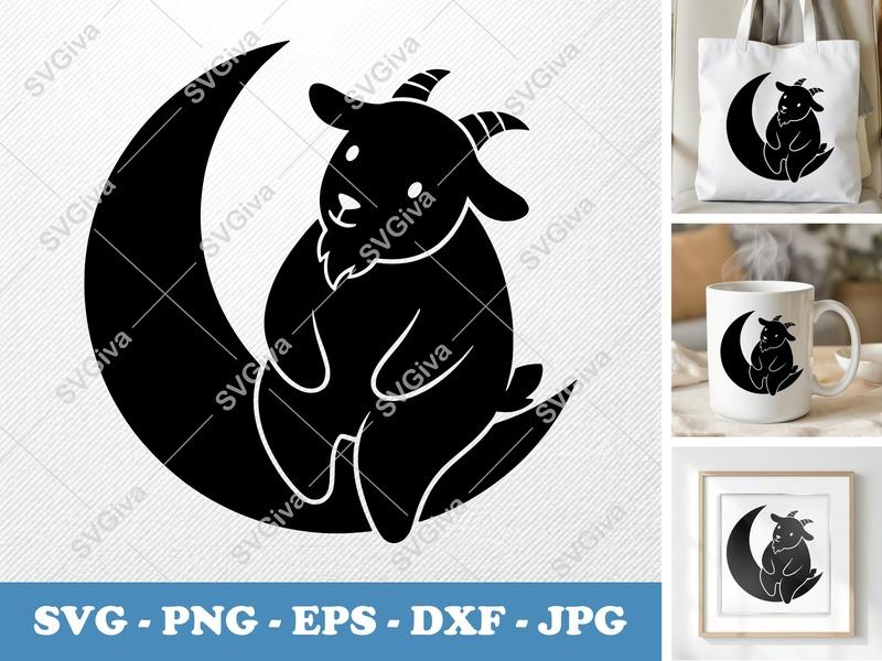 Goat SVG on Moon | Cute Cartoon Animal Cut File | Farm Life Decor | PNG EPS DXF for Cricut Silhouette