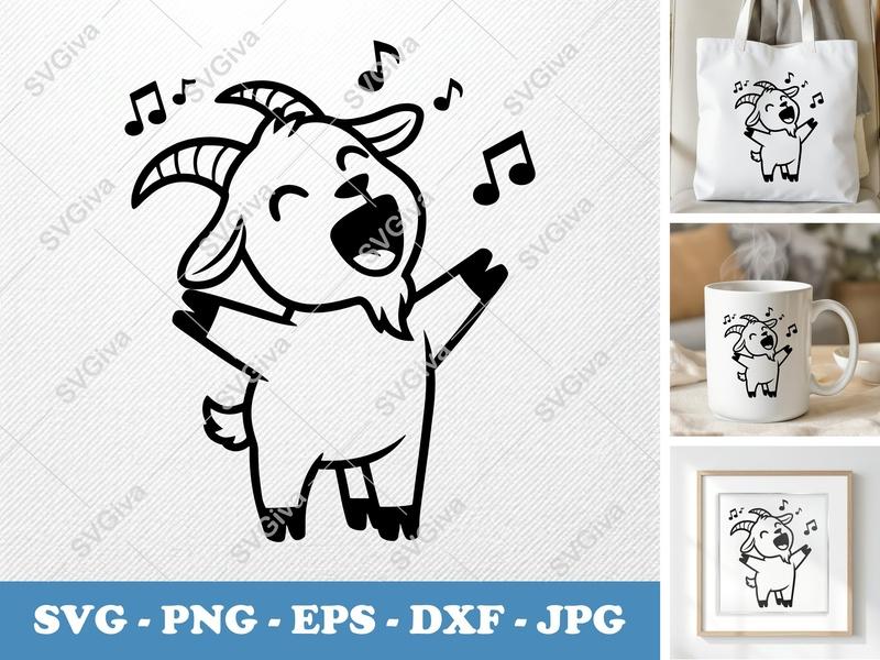 Goat SVG | Singing Music Notes Cute Animal Cut File PNG EPS DXF for Cricut & Silhouette | Farm Vinyl Decal