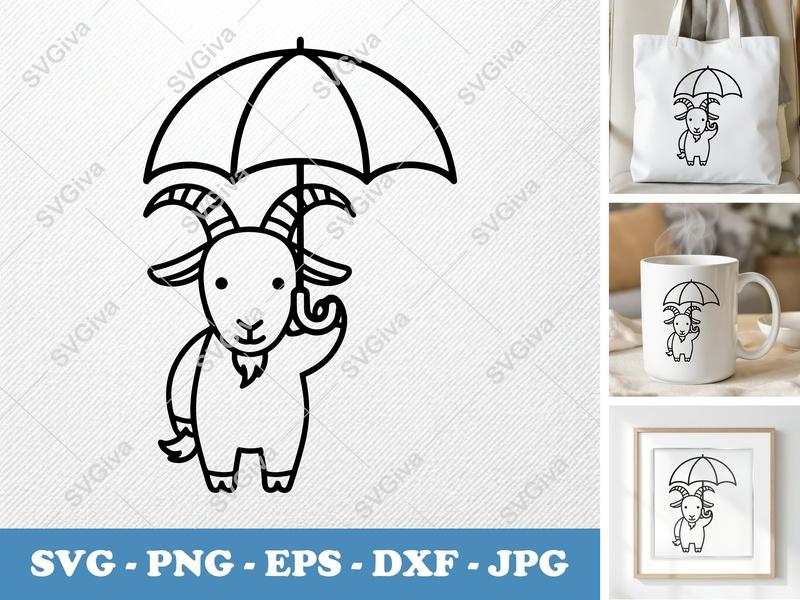 Goat Umbrella SVG | Cute Animal Cut File | PNG EPS DXF for Cricut, Silhouette | Farm Life Art