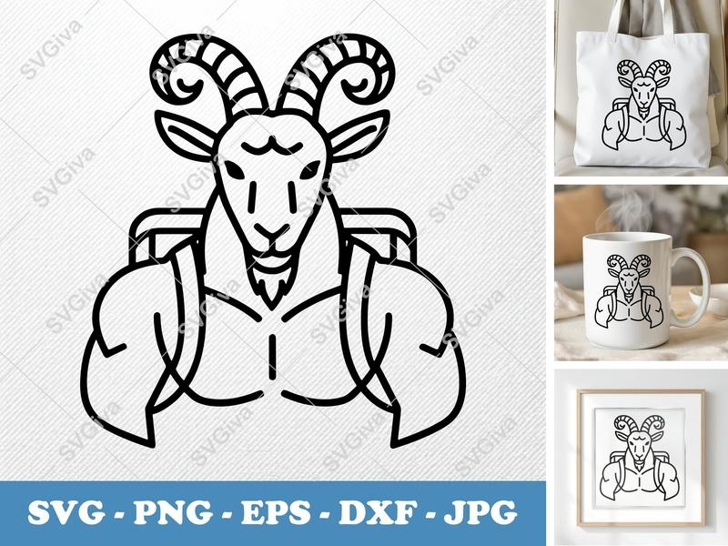 Goat Wearing Backpack SVG | Outline Art Cut File | Thick Contour Thin Lines | PNG DXF EPS | Cricut Silhouette Design
