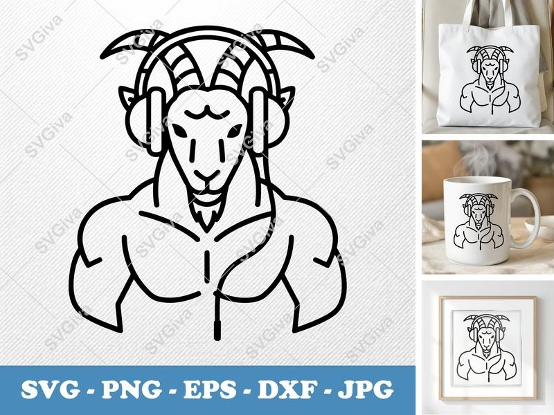 Goat Wearing Headphones SVG | Minimalist Double-Outline Look | Thick Contour, Thin Lines | PNG DXF EPS | Cricut Silhouette