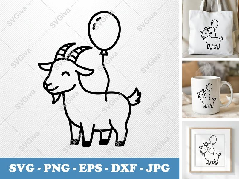 Goat with Balloon SVG PNG DXF EPS | Farm Animal Cut File Cricut Silhouette | Party Birthday Design
