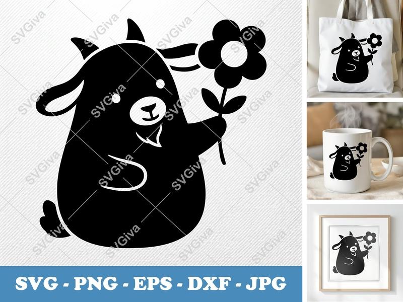 Goat with Flower SVG | Puffy Cartoon Design | Inflated Look Cut File | PNG, DXF, EPS for Cricut, Silhouette