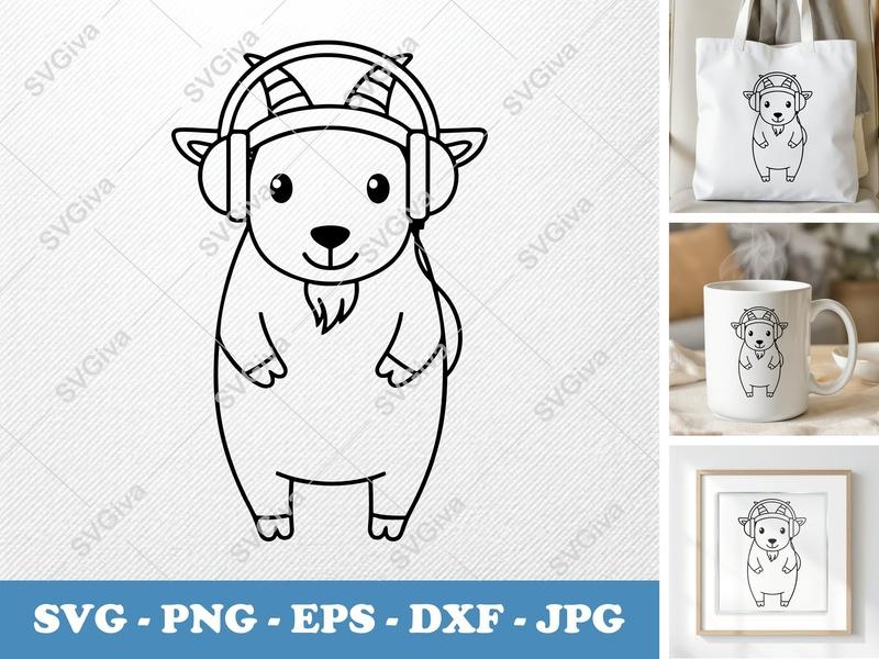 Goat with Headphones SVG | Modern Farm Animal Cut File | PNG EPS DXF | Cricut Silhouette Design