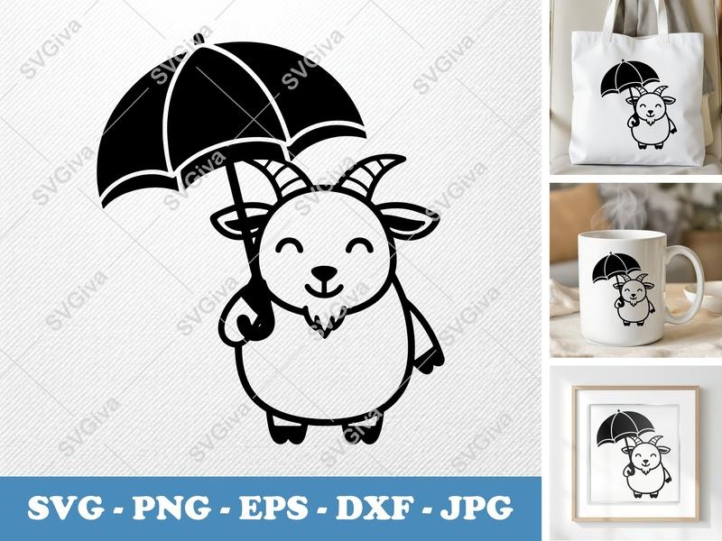 Goat with Umbrella SVG | Puffy Pillow Soft Shapes | PNG DXF EPS | Cricut Silhouette Cut File