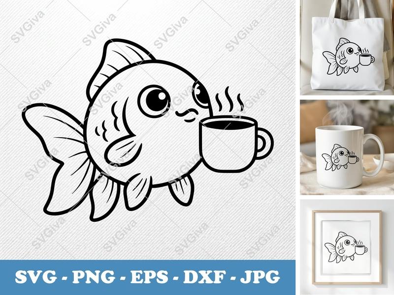 Goldfish Coffee SVG | Cute Fish with Cup PNG EPS DXF | Cricut Silhouette File | Kawaii Sea Animal Clipart