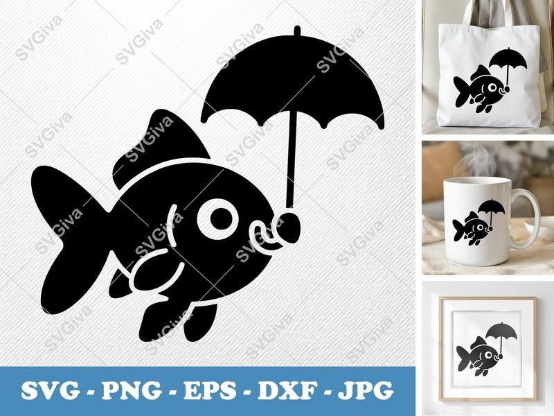 Goldfish Holding Umbrella SVG | Puffy Cartoon Style | PNG DXF EPS | Cricut Silhouette Cut File | Cute Aquatic Decor