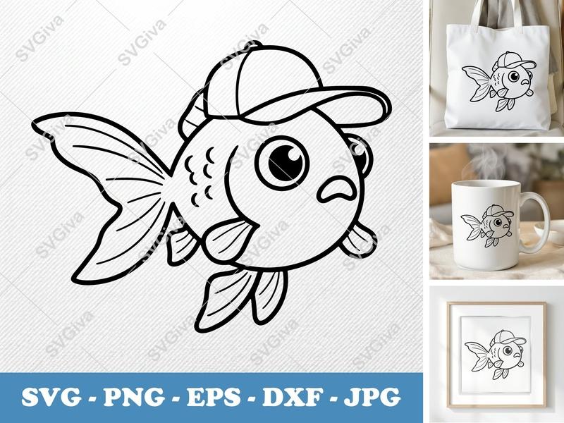 Goldfish in a Cap SVG | Friendly Cartoon Fish, Rounded Body Design | PNG DXF EPS | Cricut Silhouette File