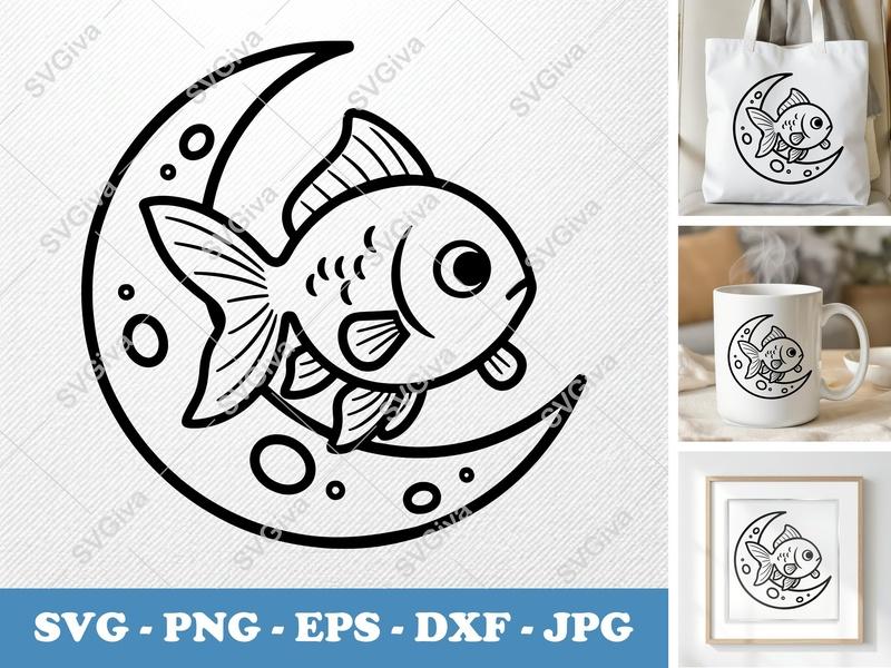 Goldfish on Moon SVG, Cute Celestial Fish PNG, EPS, DXF | Modern Outline Vector for Cricut, Silhouette, Shirt Design