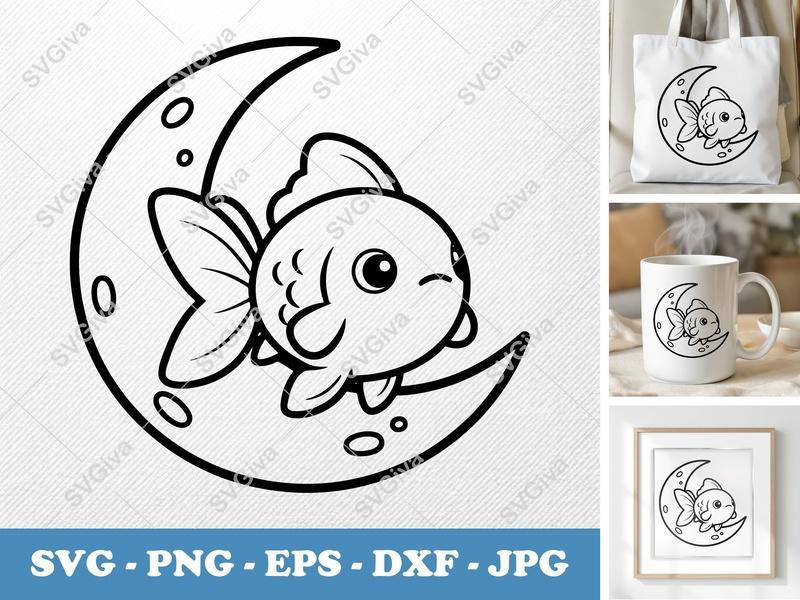 Goldfish on Moon SVG | Puffy Cartoon Shapes | No Sharp Corners | PNG DXF EPS | Cricut Silhouette File
