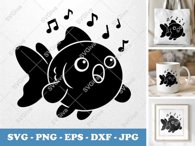 Goldfish Singing SVG, Cute Fish Music Notes PNG EPS DXF | Cricut, Silhouette Cut File | Aquatic Animal Clipart