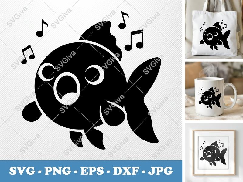 Goldfish Singing SVG | Kawaii Fish Cut File PNG DXF EPS Cricut Silhouette