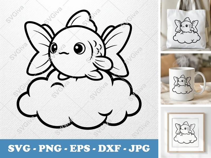 Goldfish Sitting on Cloud SVG | Puffy Cartoon Cut File for Cricut, Silhouette | PNG DXF EPS Vector Art