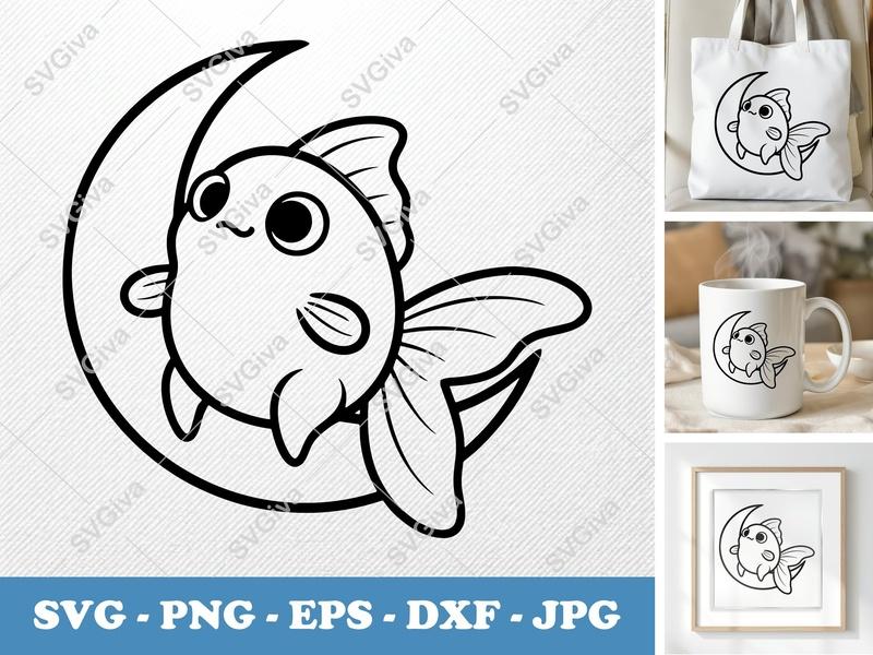 Goldfish Sitting on Moon SVG | Friendly Rounded Bean-Shaped Design | PNG DXF EPS | Cricut Silhouette File