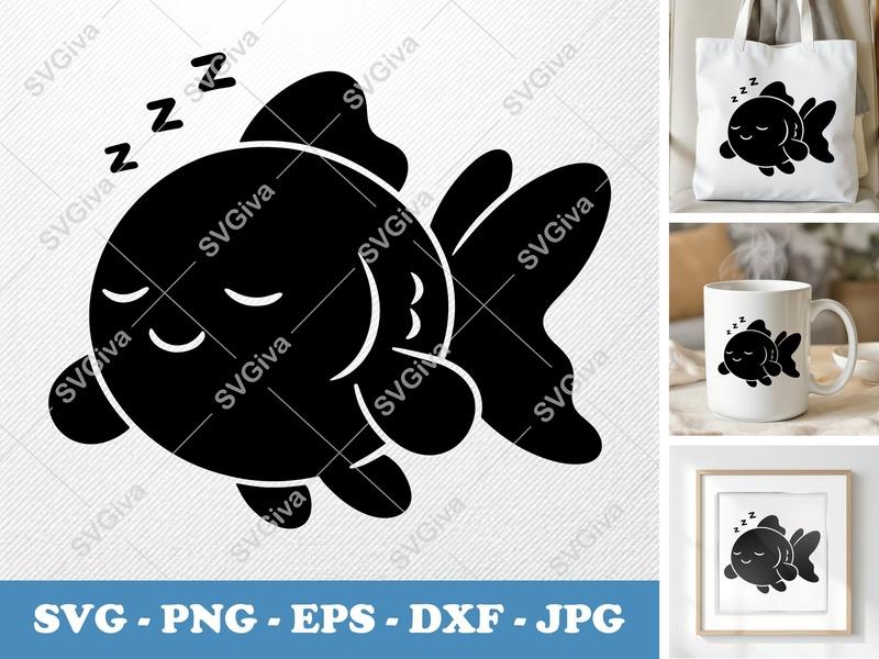 Goldfish Sleeping SVG | Cute Fish PNG, EPS, DXF | Cricut & Silhouette Cut File | Cartoon Aquatic Animal