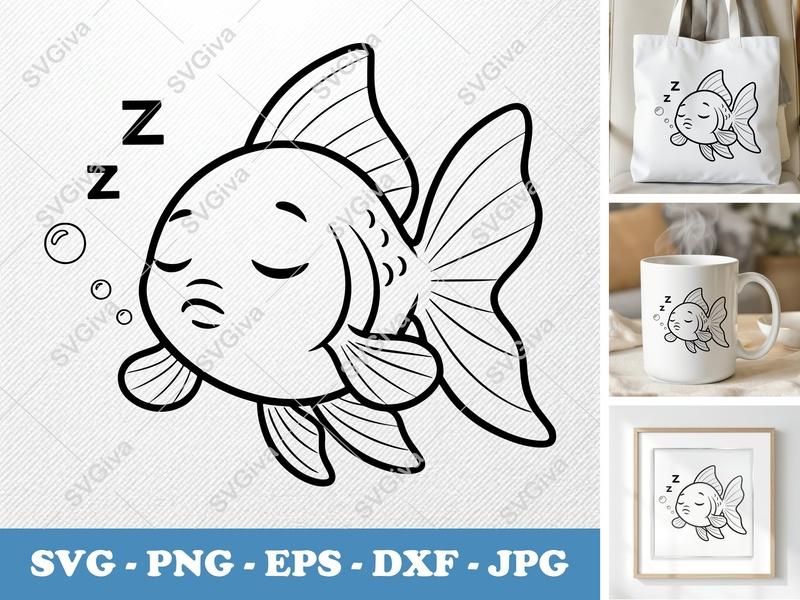 Goldfish Sleeping SVG, Cute Goldfish PNG, EPS, DXF | Modern Fish Cut File for Cricut & Silhouette, Bubble Zzz Design