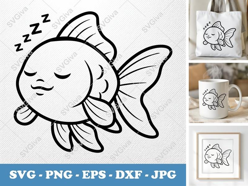Goldfish Sleeping SVG, PNG, EPS, DXF | Cute Cartoon Fish Cut File for Cricut & Silhouette | Kawaii Animal Vector Art