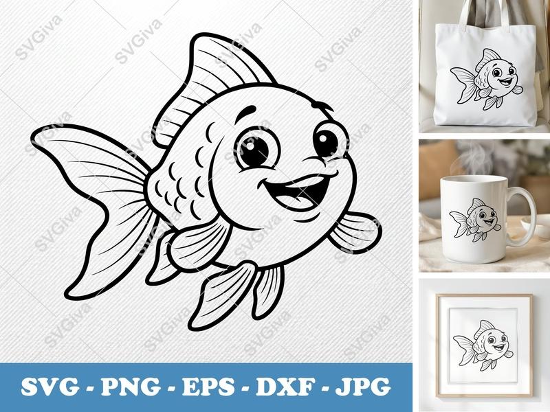 Goldfish Smiling Happily SVG | Rounded Body, Friendly Bean-Shaped Forms | PNG DXF EPS | Cricut Silhouette File