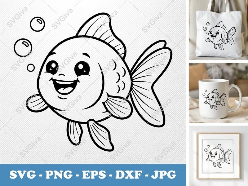 Goldfish Smiling Happily SVG | Rounded Friendly Bean-Shaped Goldfish Cut File | PNG DXF EPS | Cricut Silhouette Fish Design