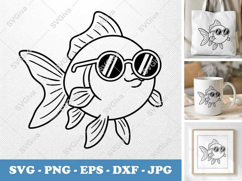 Goldfish SVG, Cartoon Fish with Sunglasses PNG, EPS, DXF | Cricut, Silhouette Cut File | Modern Animal Clipart