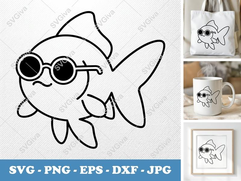 Goldfish SVG, Cool Goldfish with Glasses, Fish Clipart, Animal Cut File, PNG EPS DXF for Cricut & Silhouette