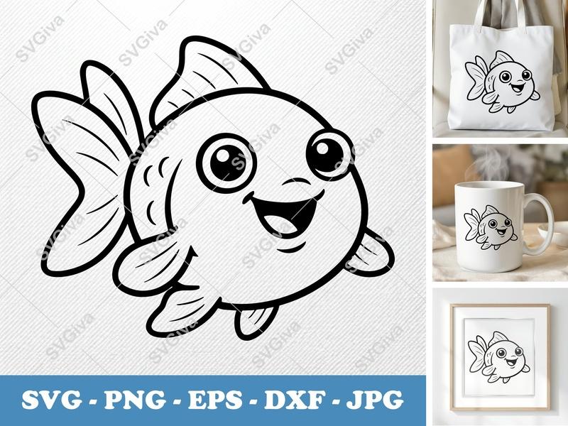 Goldfish SVG | Cute Cartoon Fish, Happy Face | PNG EPS DXF | Cricut Silhouette Cut File, Ocean Animal Clipart