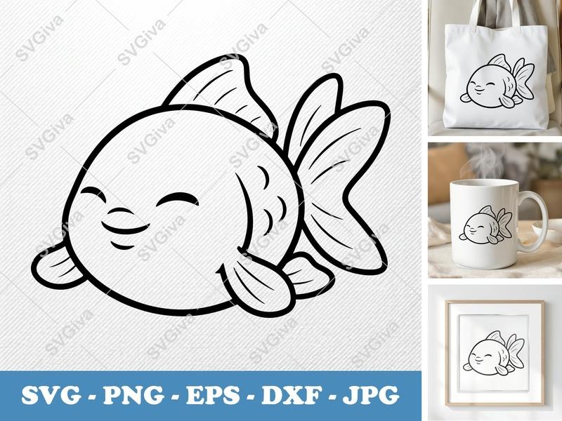 Goldfish SVG, Cute Cartoon Fish, Happy Kawaii Animal, PNG EPS DXF | Cricut Silhouette Cut File, Kids Craft Design