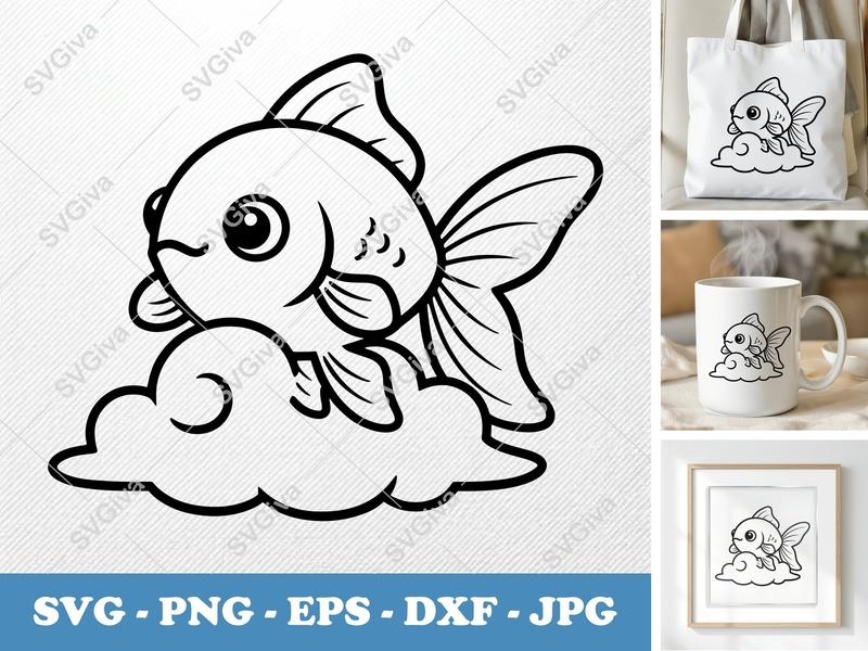 Goldfish SVG, Cute Cartoon Fish on Cloud, Modern Clean Design | PNG EPS DXF | Cricut Silhouette Cut File