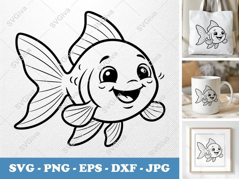 Goldfish SVG, Cute Cartoon Fish PNG EPS DXF | Happy Aquatic Animal Clipart for Cricut, Silhouette