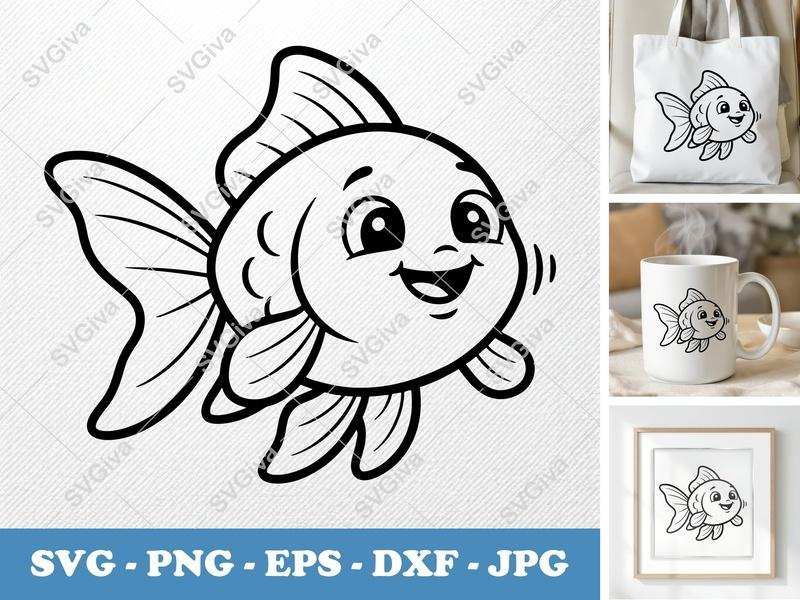 Goldfish SVG | Cute Cartoon Fish PNG EPS DXF | Smiling Aquatic Animal for Cricut & Silhouette | Kids Craft Vector